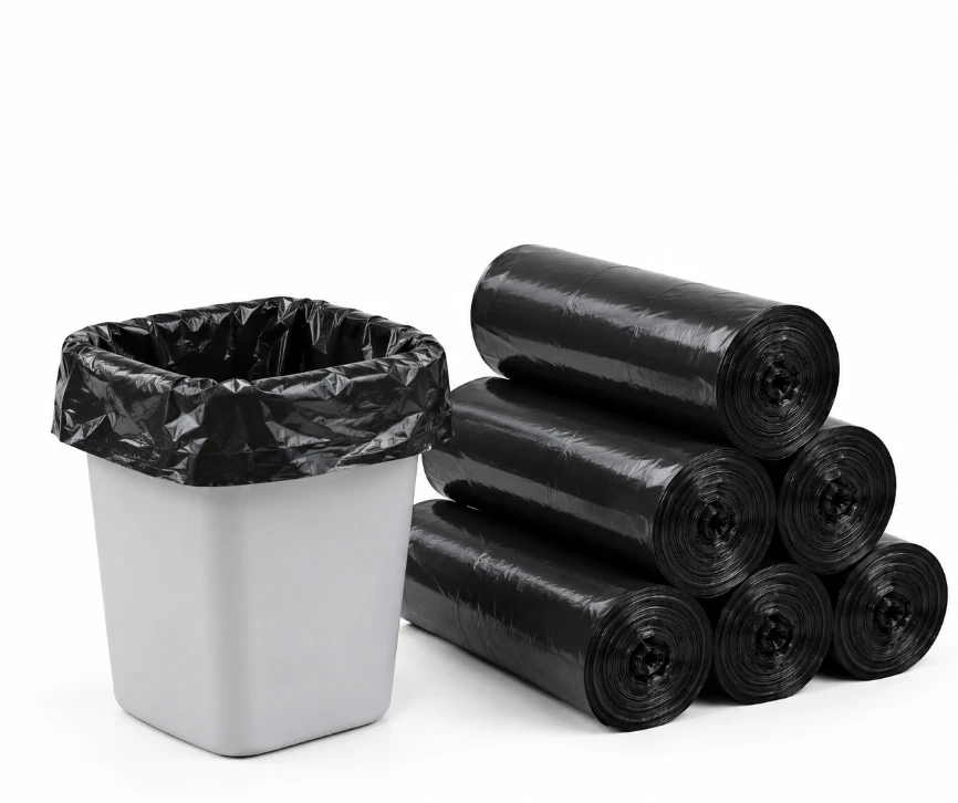 Trash can fitted with a black liner beside black bag rolls