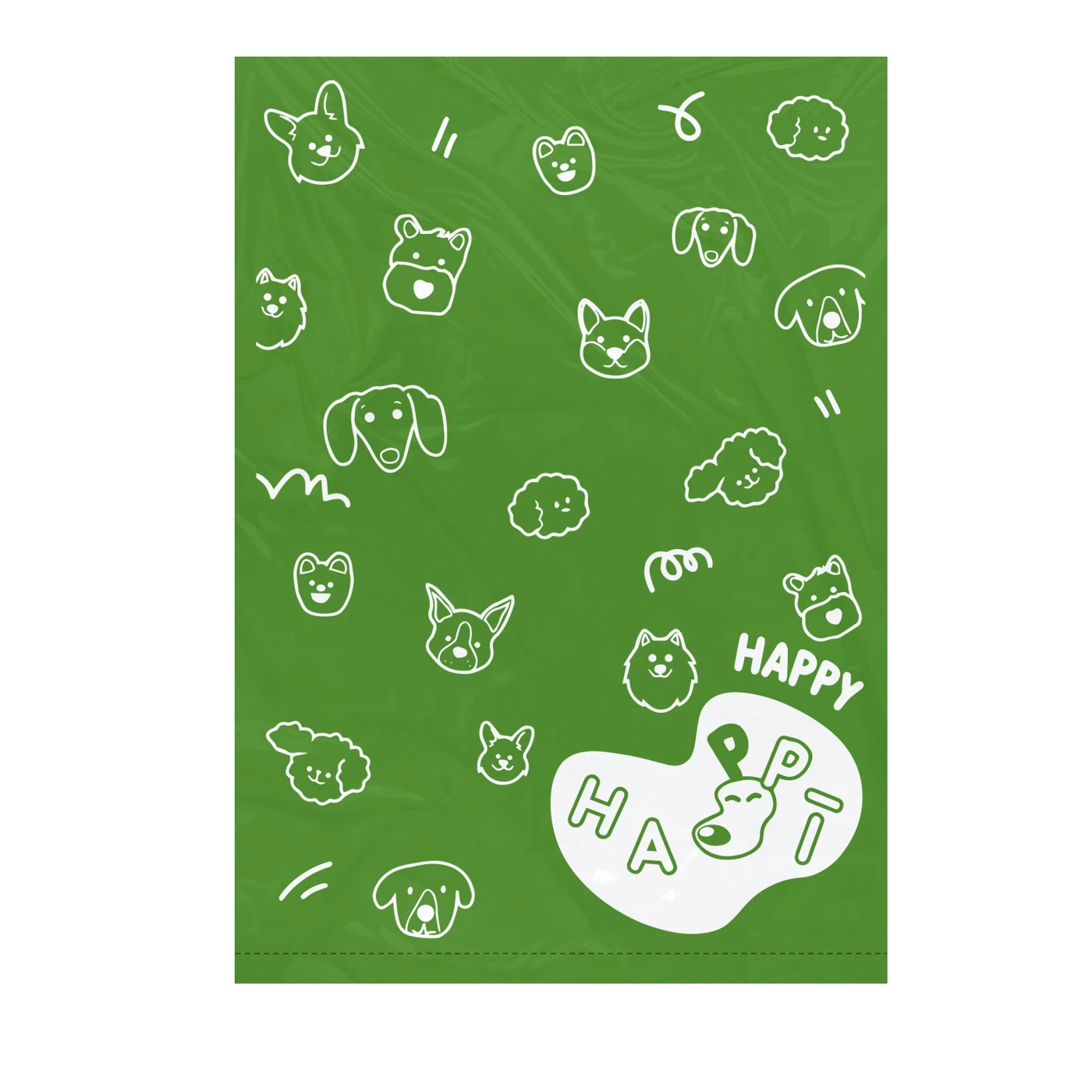 Green pet waste bag with dog illustrations