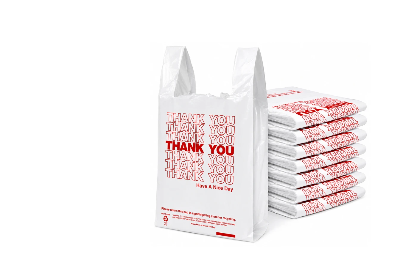 White T-shirt carry bag with a stack of printed bags